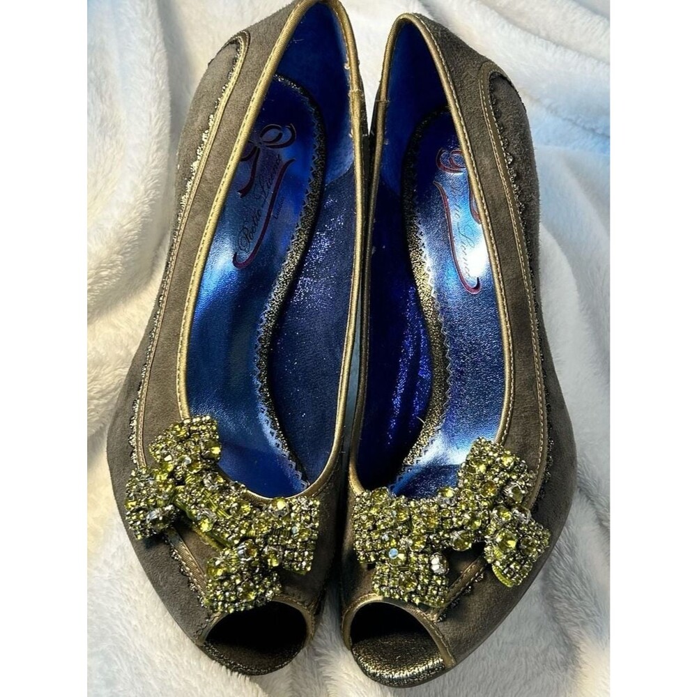 New Poetic License London Suede Peep Toe Pumps with Rhinestone Bow Embellishment